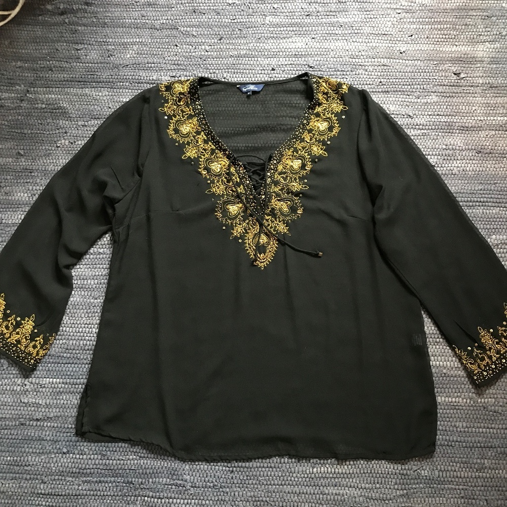 Vintage Plus Size Beaded and Embroidered Sheer Boho Shirt  with Lacing. Size 18